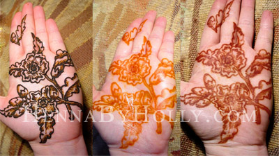 The magic of henna: Left photo shows the henna paste on the skin, middle photo shows the paste removed and initial stain, right photo shows fully-darkened stain.